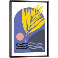 an abstract painting with yellow and blue leaves on the bottom, against a white background