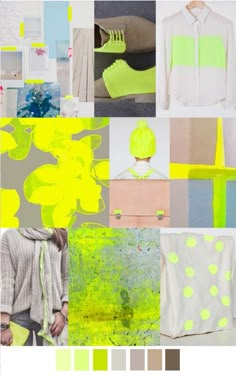 a collage of photos with different colors and patterns on them, including yellows, greys, and green