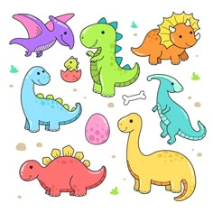 an assortment of cartoon dinosaurs with different shapes and sizes, including one dinosaur in the center