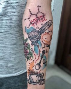 a person with a tattoo on their arm that says daffe and is surrounded by other things