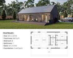 the floor plan for a small house with two garages and an open living area