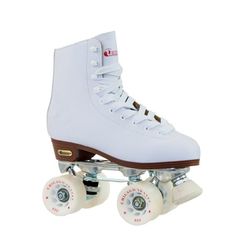 a pair of white roller skates with brown and white wheels on a white background