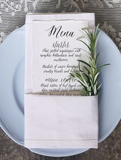 a table setting with a menu and napkin on it, along with an air plant