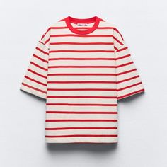 Brand New With Tag Never Worn Size M Oversized Trendy Zara Top, Oversized Red Summer Top, Trendy Striped Zara Tops, Zara Striped Crew Neck Top, Oversized Summer Tops By Zara, Casual Red T-shirt For Spring, Red Short Sleeve T-shirt For Spring, Red Cotton Zara T-shirt, Red Cotton T-shirt By Zara