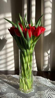 red flowers in a clear vase on a doily with sunlight coming through the windows