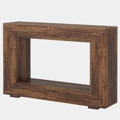 a wooden shelf with a square opening in the middle