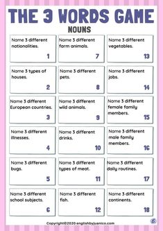 the 3 words game for kids to play with their names and numbers on pink background