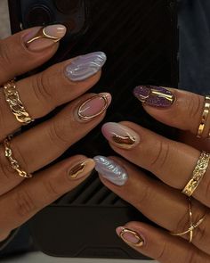 Galactic Nail Designs, Latina Almond Nails, Jade Stone Nails, Nail Inspo Trendy 2024 Spring Almond, Funky Nails Inspo Summer, Gold Detail Nails, Artsy Nails Designs, Fluffy Nails, Textured Nail Art