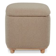 the foot stool is made from wood and has a beige fabric cover