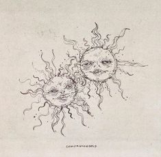 an ink drawing of two sun's with faces in the middle and one on the other side