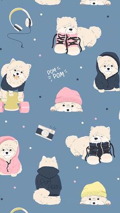 several dogs wearing winter clothes and hats on a blue background with snowflakes around them