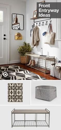 an entryway with coat racks, baskets and rugs