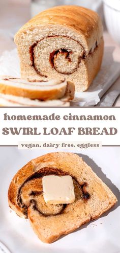 cinnamon swirl loaf bread is cut in half and served on a plate with butter