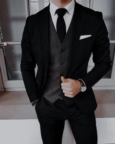 Classic Three-piece Suit For Winter Wedding, Classic Winter Wedding Three-piece Suit, Elegant Winter Three-piece Suit For Groom, Dapper Fitted Winter Suits, Black Wedding Suit For Winter, Formal Black Suit And Tie Accessories For Winter, Black Winter Wedding Suit, Elegant Groom Suits For Winter, Semi-formal Tuxedo