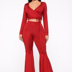 Large Red High Waist Bottoms For Going Out, Red Fitted Long Sleeve Pantsuit, Chic Red V-neck Sets, Spring Red Fitted Sets, Red Party Sets For Fall, Chic Red Bottoms For Going Out, Red Long Sleeve Sets For Party, Chic Red Sets For Fall, Chic Red Fall Sets