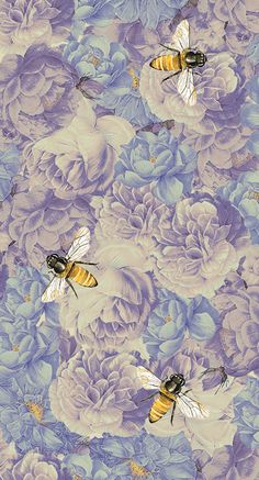 two bees are flying in front of purple and yellow flowers on a blue floral background