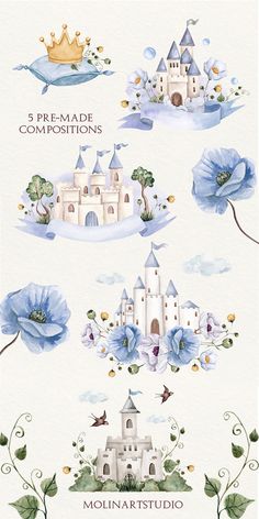 watercolor painting with blue flowers and castle