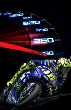 a person on a motorcycle in front of a speedometer with red and blue lights