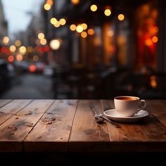 a cup of coffee sitting on top of a wooden table