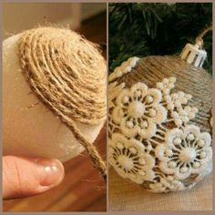 two pictures one has a ball and the other is an ornament made out of twine