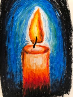 a drawing of a lit candle in the middle of a painting with blue and orange colors