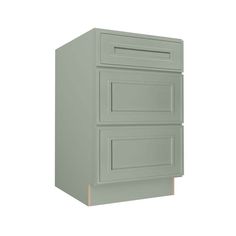 a gray cabinet with two drawers on the bottom and one drawer in the middle, against a white background