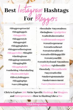 the best instagram hashs for bloggers in pink and white with gold accents