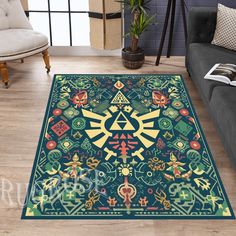 the legend of zelda rug is shown in this living room