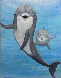 an acrylic painting of two dolphins and a dolphin swimming in the ocean together