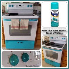 a white stove top oven sitting inside of a kitchen next to a blue and white refrigerator