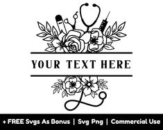 a black and white logo with flowers, scissors and a stethoscope on it