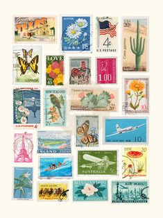 many different postage stamps are arranged in a square