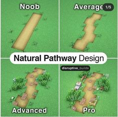 four different paths in the grass with trees and bushes on each side, along with text that reads natural pathway design