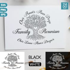 the family reunion logo is shown in three different colors and font styles, including black, white, and blue