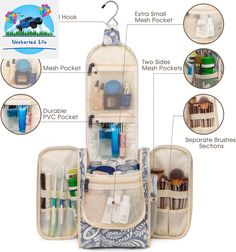 the contents of a travel toiletry bag are labeled in several different languages and sizes