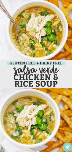 two bowls filled with chicken and rice soup next to french fries on a white plate