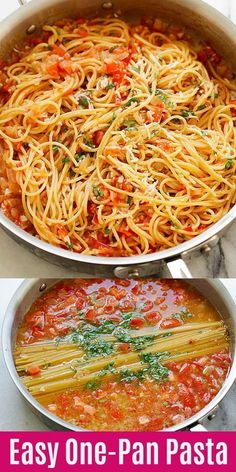 two pans filled with spaghetti and sauce