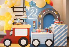 a train themed birthday party with balloons and decorations