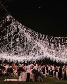 a large group of people sitting at tables under lights on the grass outside in front of some trees