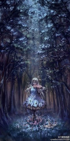 a painting of a girl standing in the middle of a forest with her hands on her hips