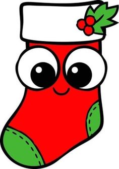 a christmas stocking with eyes and a holly berry on it's head is shown