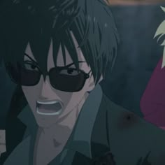 two anime characters one with sunglasses and the other without