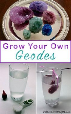 there are three pictures with different things in them and the words grow your own geodes