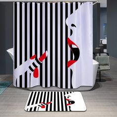 a black and white striped shower curtain with a woman holding a skateboard on it