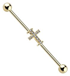 a gold plated bar with a cross on it and two balls in the middle