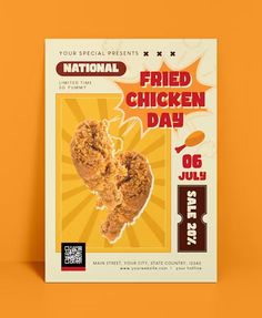 the national fried chicken day poster is displayed on an orange background