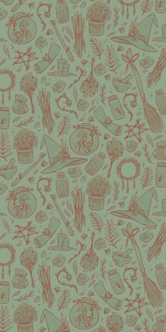 a green and red wallpaper with various items on it