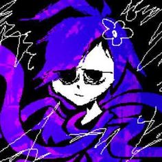 a drawing of a girl with sunglasses and a purple scarf around her neck, in front of a black background