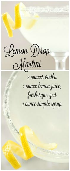 the lemon drop martini recipe is shown in two different pictures, with text overlaying it