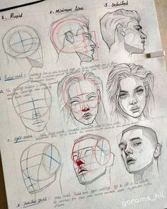 a sheet of paper that has some drawings on it with different facial shapes and hair